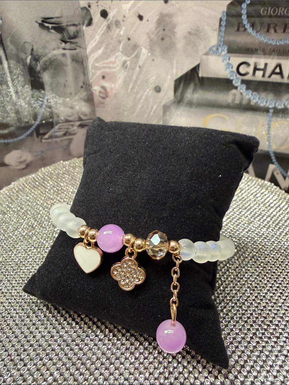 Gold-Tone Bracelet with lavender glass Beads and Heart & Clover Charms. 🆕